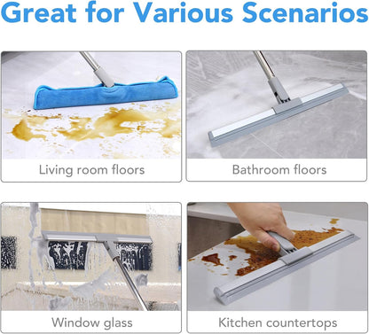 DrDirt Floor Squeegee | 120cm/47in Silicone Magic Broom with Microfiber Mop | Squeegee for Floor Cleaning | Microfiber Duster with Extension Pole for Indoor Water | Dust & Glass Quick Drying