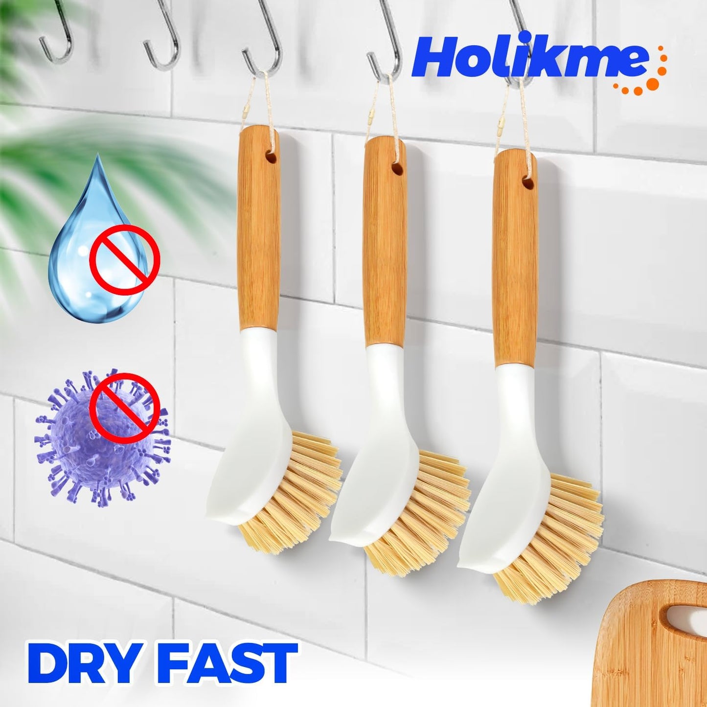 Holikme 3 Pack Dish Brush Set with Bamboo Handle, Kitchen Brushes for Cleaning Pot, Sink and Stove, Skillet Scrubber with Tough Bristles for Cast Iron Grill Pan, Yellow White Black