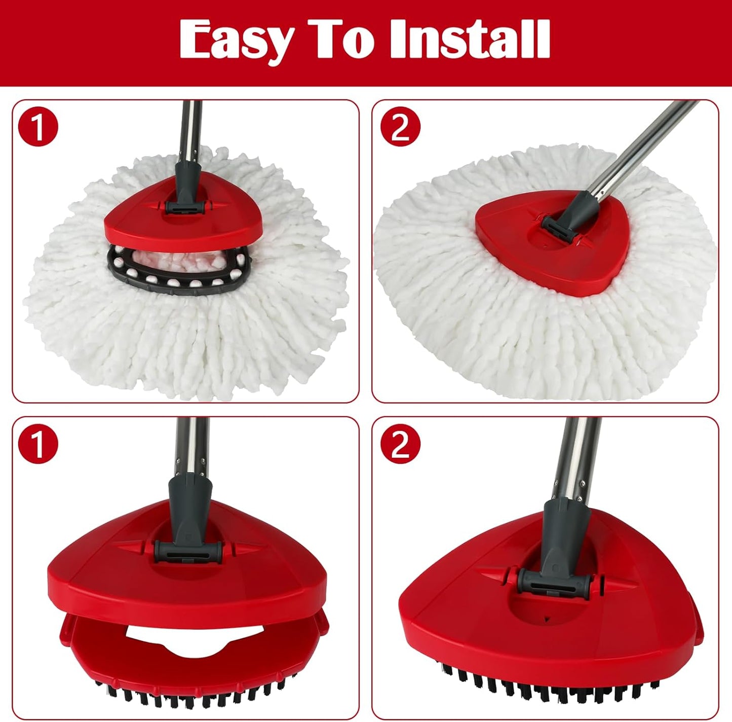 Spin Mop Replacement Set for O-Ceda RinseClean 2-Tank System, 16 Microfiber Spin Mops Refills,1 Scrubber Head,1 Triangle Spin Base,and(31-63in) Adjustable Handle Set Combo