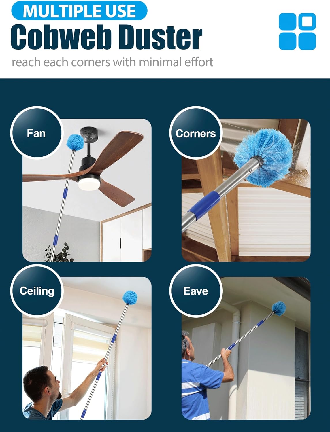 Cobweb Duster with Extension Pole, 8 ft Spider Web Brush for Outdoor House Cleaning, Cob Web Remover for High Ceilings Fans, Medium-Stiff Bristles Round Head, Steel Long Handle, Lightweight Cleaner