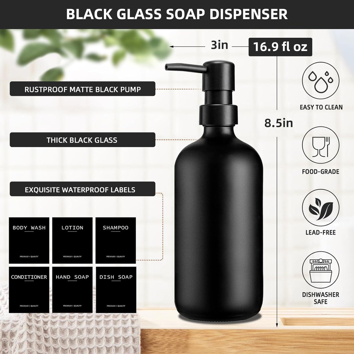 Dish Soap Dispenser for Kitchen, 16.9 fl oz Amber Hand and Dish Soap Dispensers, Kitchen Soap Dispenser Set with Sponge Holder, Brush Holder and Loofah Sponge, Countertop Sink Organizer Accessories