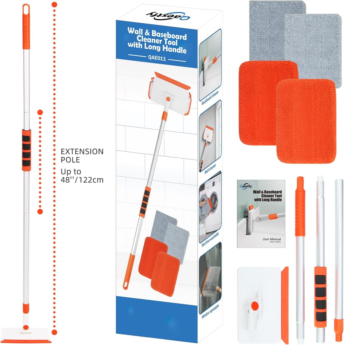 Qaestfy Wall & Baseboard Cleaner Mop Tool with 49'' Long Handle for Cleaning Window Floor Skirting Board Ceiling Bathtub Tub Tile Scrubber Brush Duster with 4 Reusable Pads