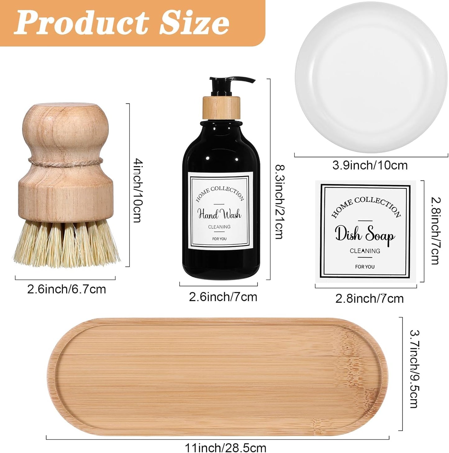 Zopeal 4 Pcs 16 oz Kitchen Soap Dispenser Set with Bamboo Tray and Dish Brush Plastic Soap Dispenser Set with Waterproof Labels for Hand Dish Lotion(Frosted Black)