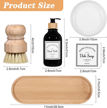 Zopeal 4 Pcs 16 oz Kitchen Soap Dispenser Set with Bamboo Tray and Dish Brush Plastic Soap Dispenser Set with Waterproof Labels for Hand Dish Lotion(Frosted Black)