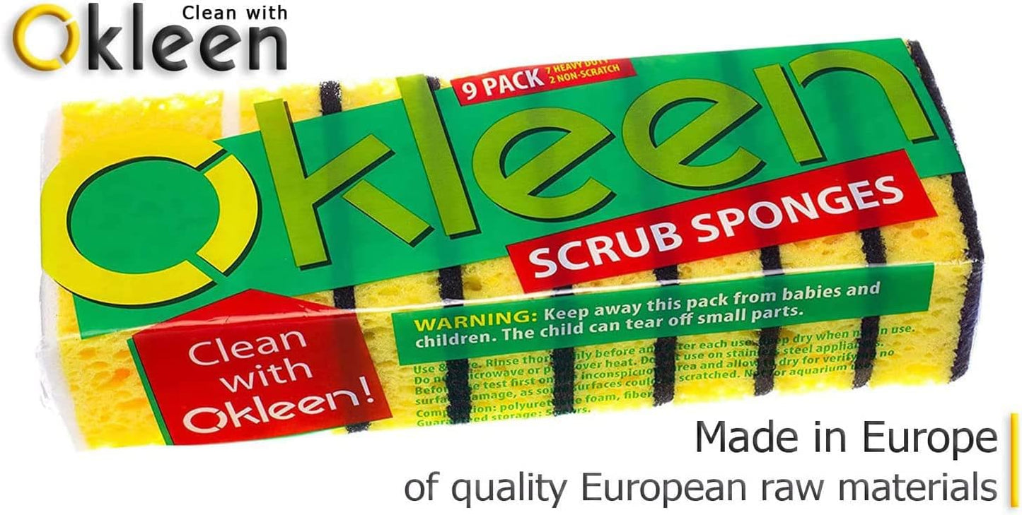 Green Multi Use Scrub Sponge. Made in Europe. 9 Pack, 4.3x2.8x1.4 inches. Odorless Heavy Duty and Non Scratch Fiber. Best, Durable, Delicate, Porous, Non Cellulose Kitchen Sponges and Scrubbers