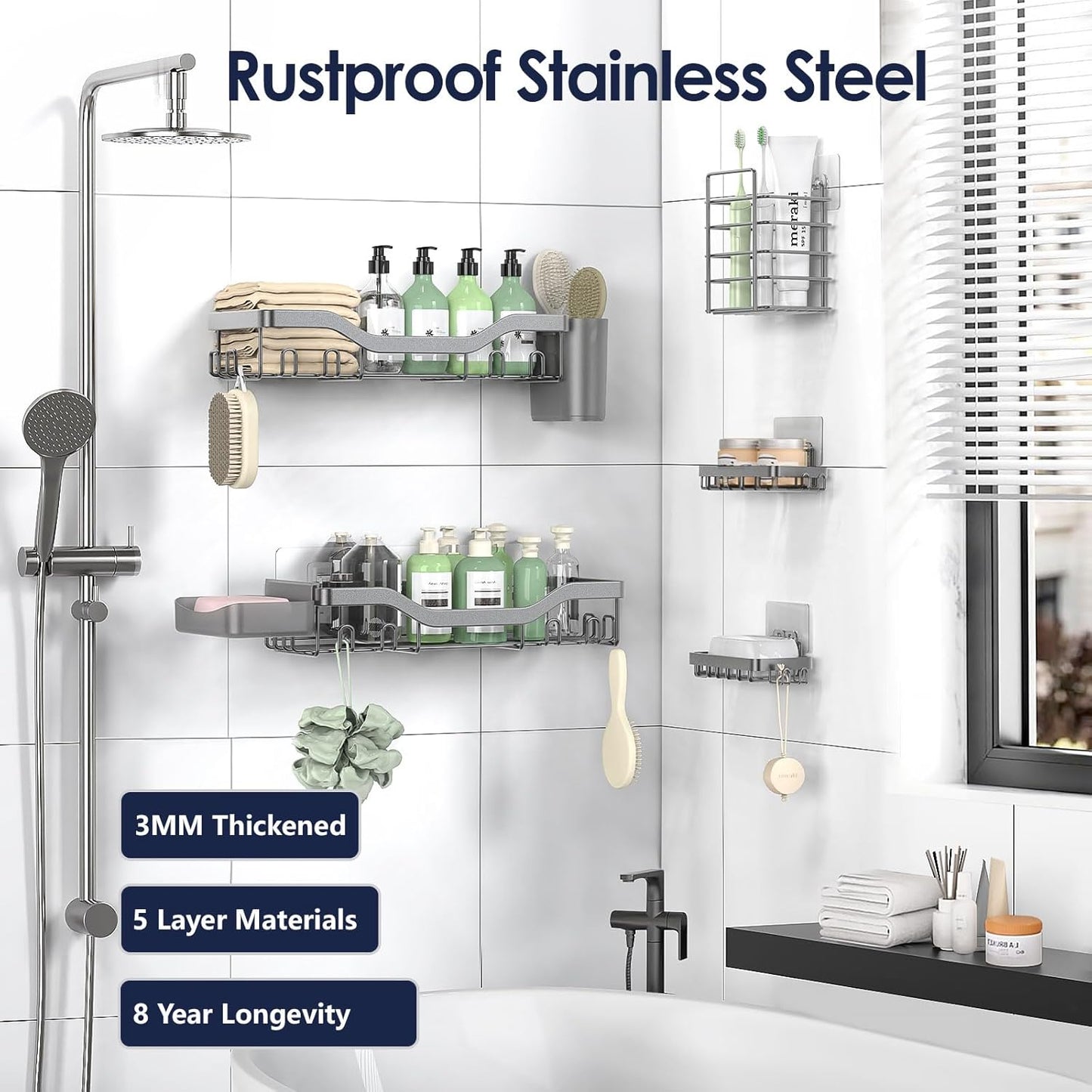 NESOMI Shower Caddy Adhesive Shower Organizer 7-Pack, Rustproof Stainless Steel Bathroom Shelves, Large Capacity No-Drill Rack Storage Accessories with Soap Dish Toothbrush Holder &24 Hooks Home Decor