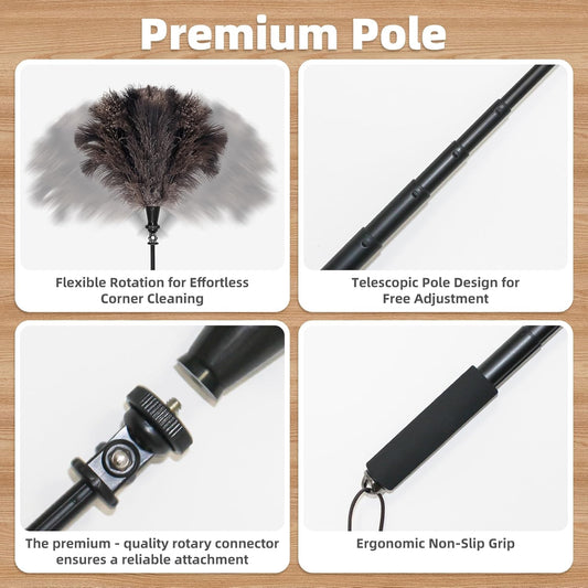 Extendable Ostrich Feather Duster with 17-42 inch Rotatable Aluminum Alloy Pole, Natural Fluffy Reusable Feather Duster for Cleaning High Ceilings, Pendant Lamps, Blinds, Furniture and Roof