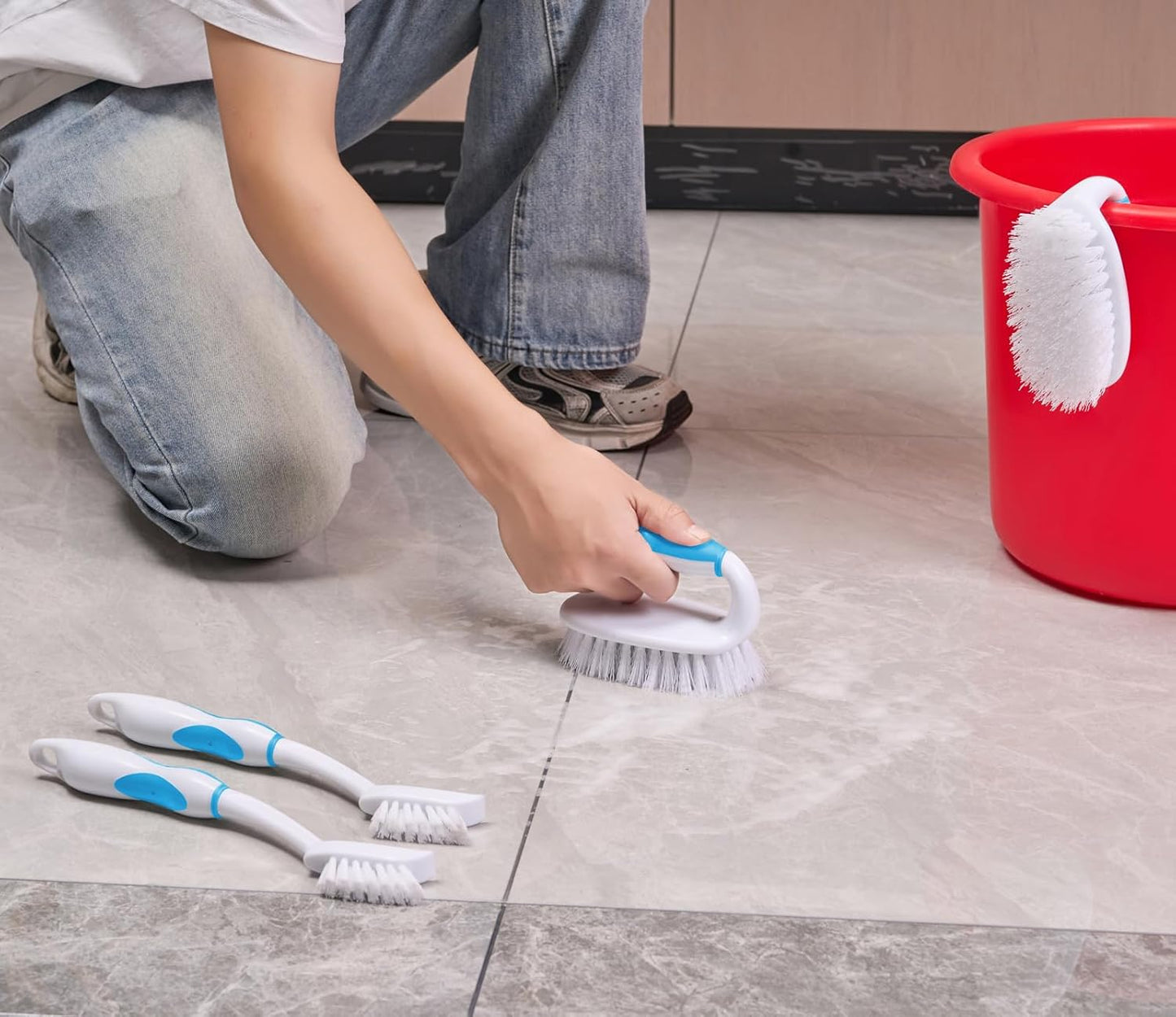 Scrub Brush Set, 4 Pack Deep Cleaning Brush Kit - 2 Scrub Brush, 2 Tile & Grout Brush with Built-in Scraper, Household Commercial Scrubber for Floor, Shower, Pool Wall, Tub (Green)