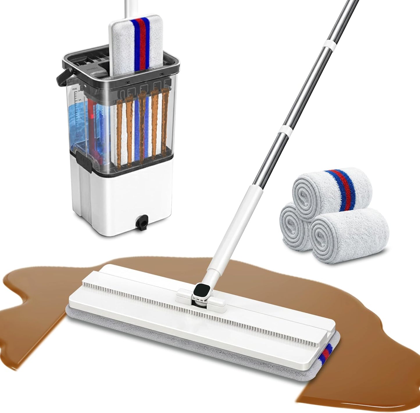 Mop and Bucket Set with Wringer,Separate Clean Dirty Water, Self Wringing Microfiber Dust Flat Mop for Hardwood Floors, Kitchen, Wall Cleaner -with 4 Washable Microfiber Pads