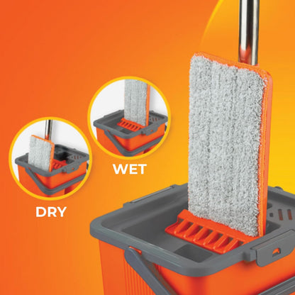 Macromax Flat Mop and Bucket Set – 100% Microfiber Mop with Dual Wet & Dry Use – Slim Design for Corners & Under Furniture – Easy-Squeeze Bucket for Hardwood, Tile & Laminate Floors