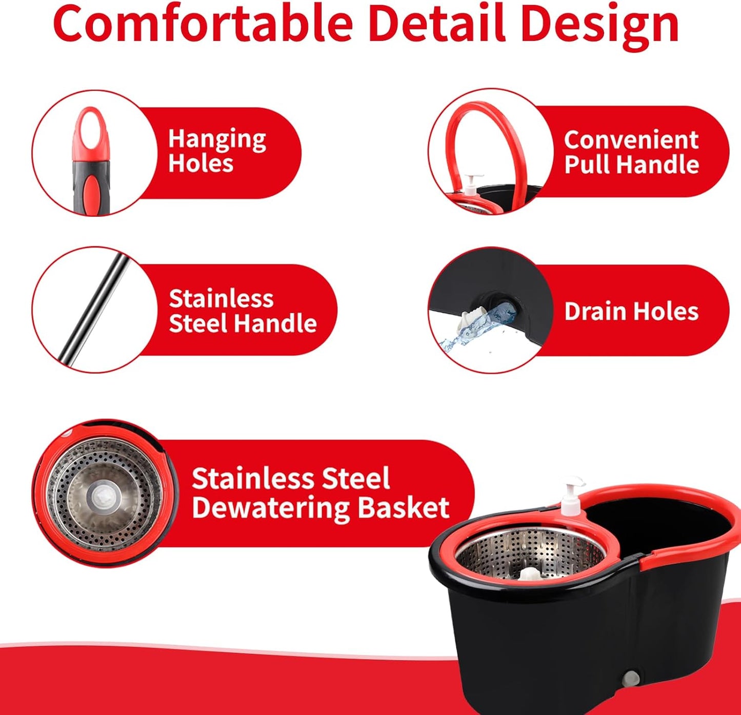 Spin Mop and Bucket with Wringer Set, 360° Spinning Mop Bucket System with 3 Microfiber Mop Replacement Heads, Adjustable Handle for Floor Cleaning (red)