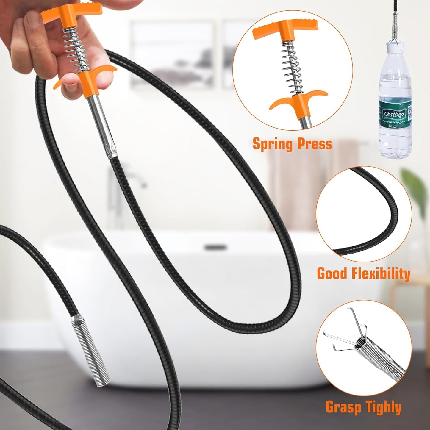 New Upgrade 63 inch Drain Snake Hair Drain Clog Remover Tool - Sink Drain Cleaner for Toilet Sewer Shower Kitchen Bathroom Tub Clogged Drains Opener Cleaning Tool, Flexible Grabber Claw Pick Up Tool