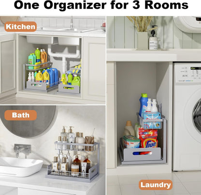 REALINN Under Sink Organizer, L-Shaped 2 Tier Pull Out Cabinet Organizer for Kitchen and Bathroom, Slide Out Under Cabinet Storage, Metal Under Sink Storage with Sliding Drawer, 50 lbs, Black 2 Pack