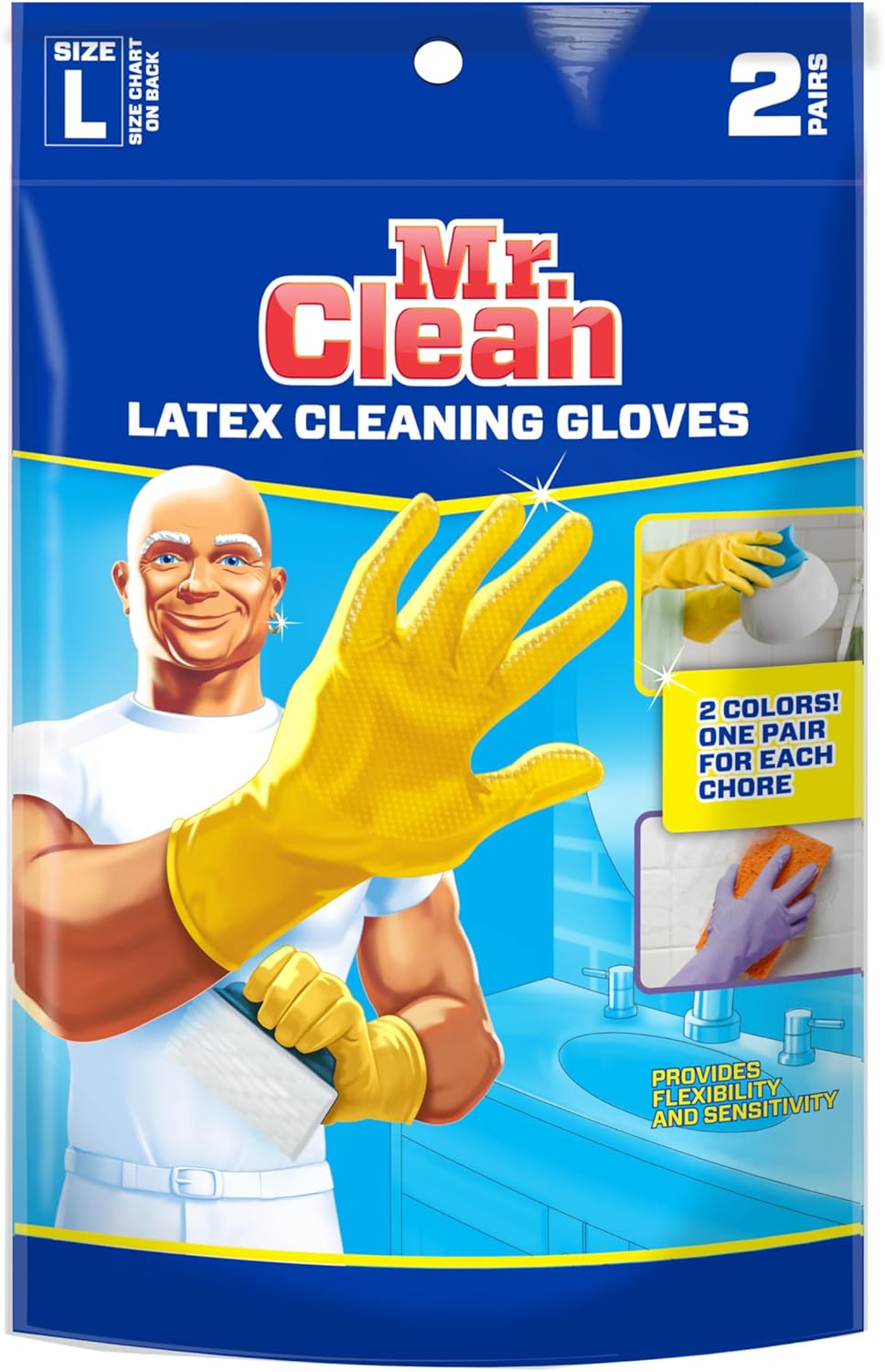 Mr. Clean Large Reusable Latex Gloves, 2 Color, 2 Pairs