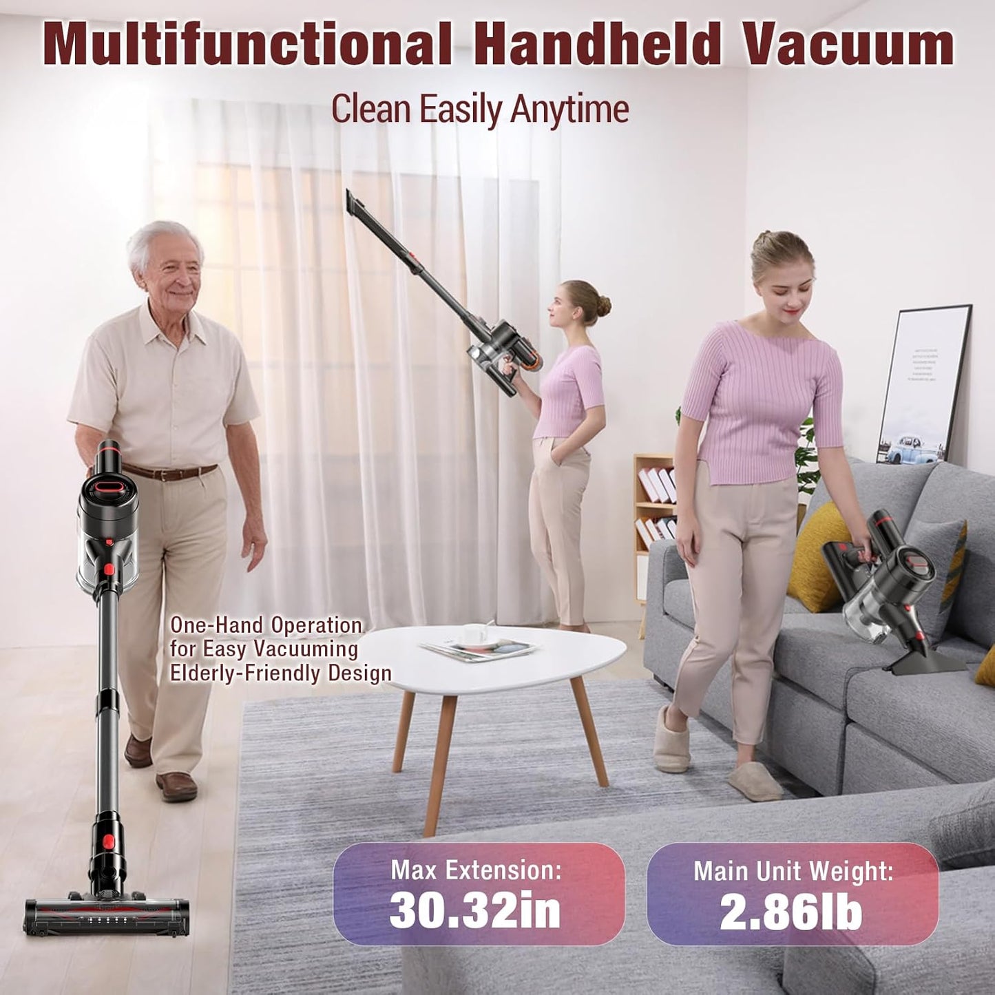 Cordless Vacuum Cleaner, 450W 40Kpa Stick Vacuum with Powerful Suction, 50Mins Vacuum Cleaners for Home, Anti-Tangle Brush, 8 in 1 Lightweight Vacuum for Hard Wood Floor Carpet Pet Hair