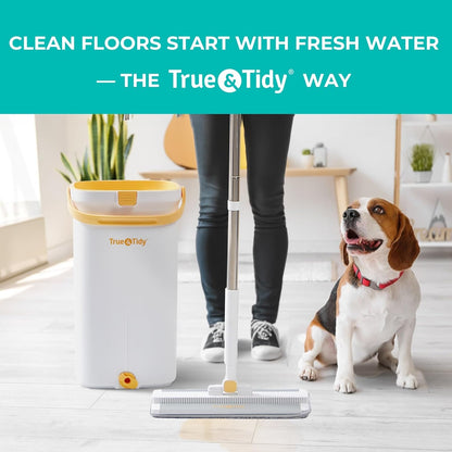 True & Tidy® TrueClean Mop & Bucket Spin Mop Pump System, Patent Pending 3 Compartments Separate Clean & Dirty Water, Hands-Free Self-Wringing Aluminum Head, Machine Washable Pads, in Gift Box