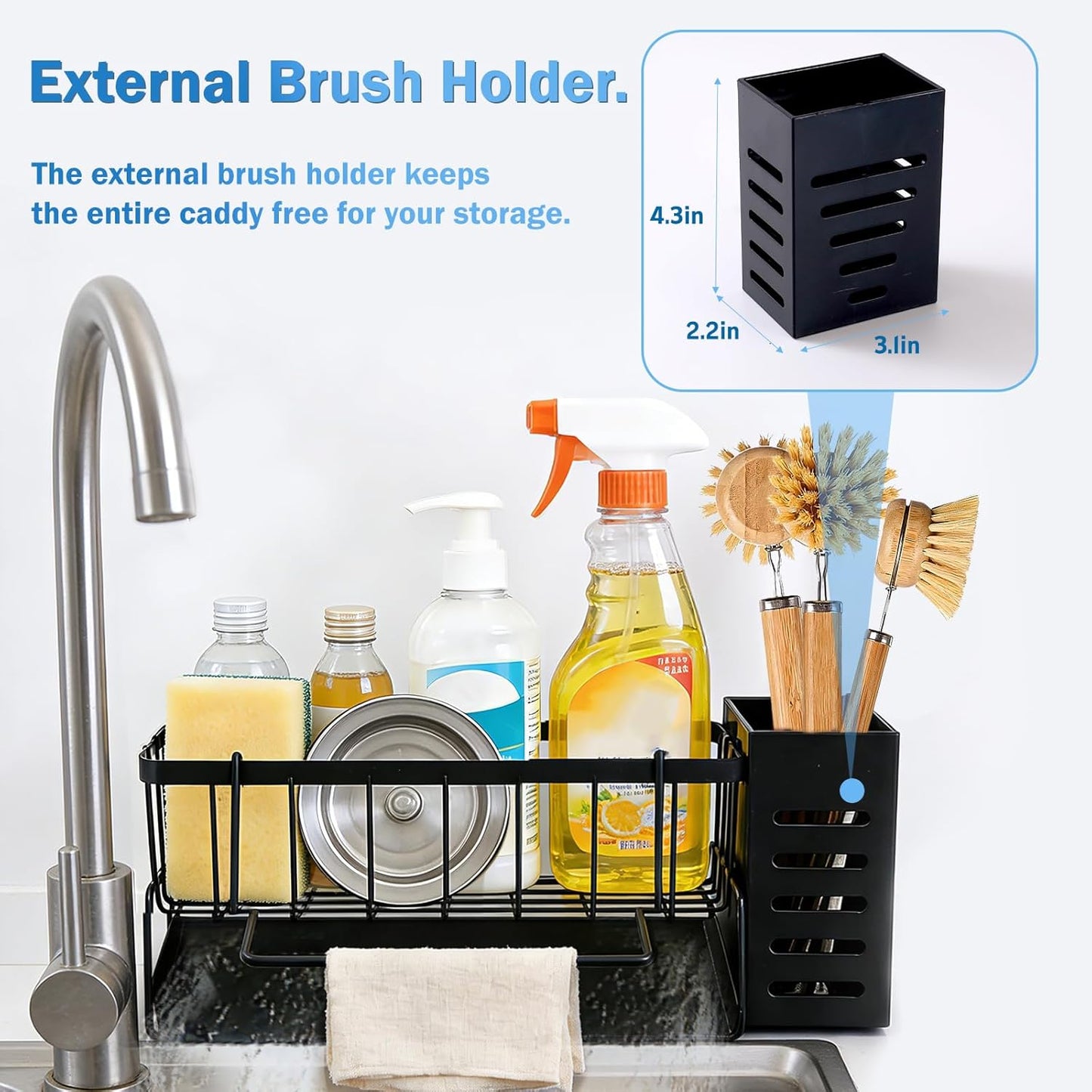Kitchen Sink Caddy Organizer with Removable Brush Holder and Self Drain Tray, Kitchen Sink Organizer for Sponge, Soap,Dish Brush,Scrubber,Kitchen Essentials and Gadgets(Black)