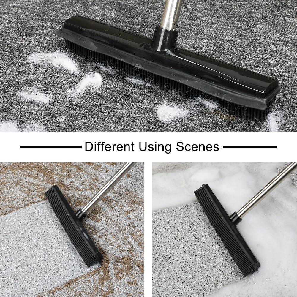 Rubber Broom and Dustpan Set,Pet Hair Removal Rubber Broom with Squeegee and Stainless Steel Dust Pan,Carpet Rake Push Broom and Dustpan for Fluff Hardwood Floor Tile (Green)