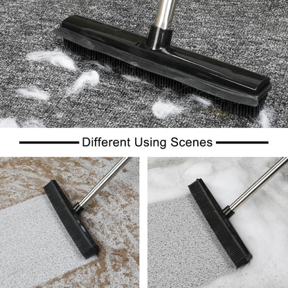 Rubber Broom and Dustpan Set,Pet Hair Removal Rubber Broom with Squeegee and Stainless Steel Dust Pan,Carpet Rake Push Broom and Dustpan for Fluff Hardwood Floor Tile (Green)