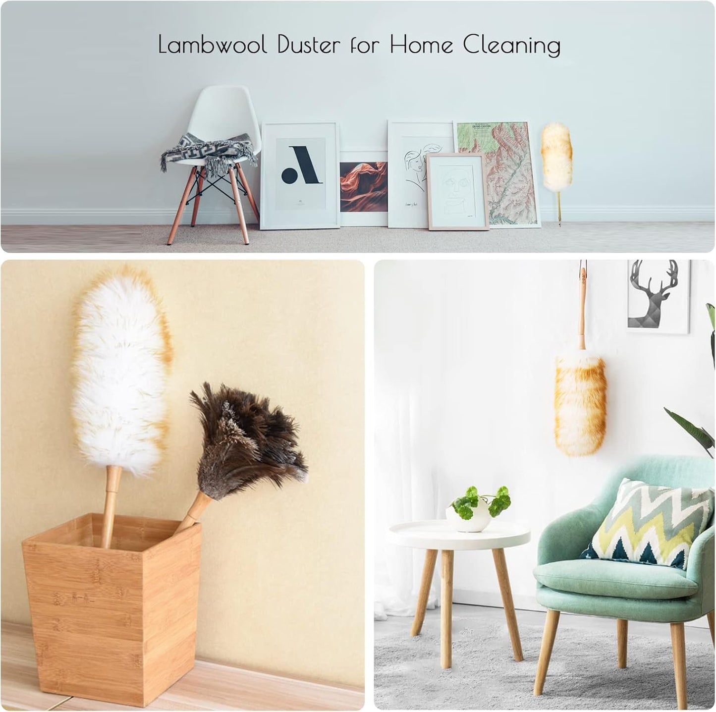 Extendable Lambswool Duster Stainless Steel Handle 133" Removable Feather Duster for Cleaning Ceiling Fans Interior Roof Furniture, Brown