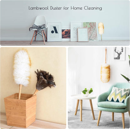 Extendable Lambswool Duster Stainless Steel Handle 133" Removable Feather Duster for Cleaning Ceiling Fans Interior Roof Furniture, Brown