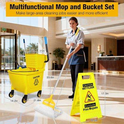 35 Qt Commercial Mop Bucket with Side Press Wringer on Wheels,Heavy Duty Industrial Mop and Bucket Set for Floor Cleaning,Including 1 Wet Floor Caution Sign for Household and Business,Yellow