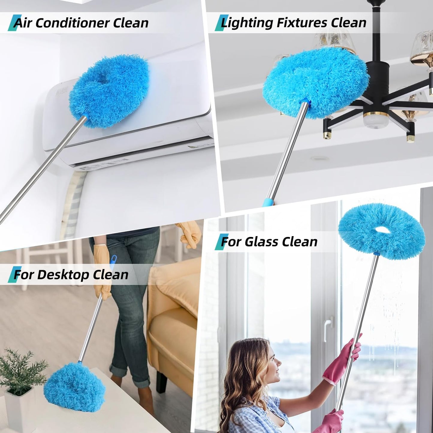 DRQ Ceiling Fan Cleaner Duster, Reusable Microfiber Duster with Extension Pole, 13 to 48 Inch Fan Blade Cleaner, Removable Dusters for Cleaning Walls Bookshelves Door Window Top (Blue)