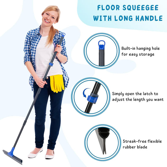 Squeegee Broom for Floor, 18'' Heavy Duty Rubber Wiper with 60'' Long Handle for Bathroom Tile, Garage Concrete, Deck, Shower Glass, Window Cleaning