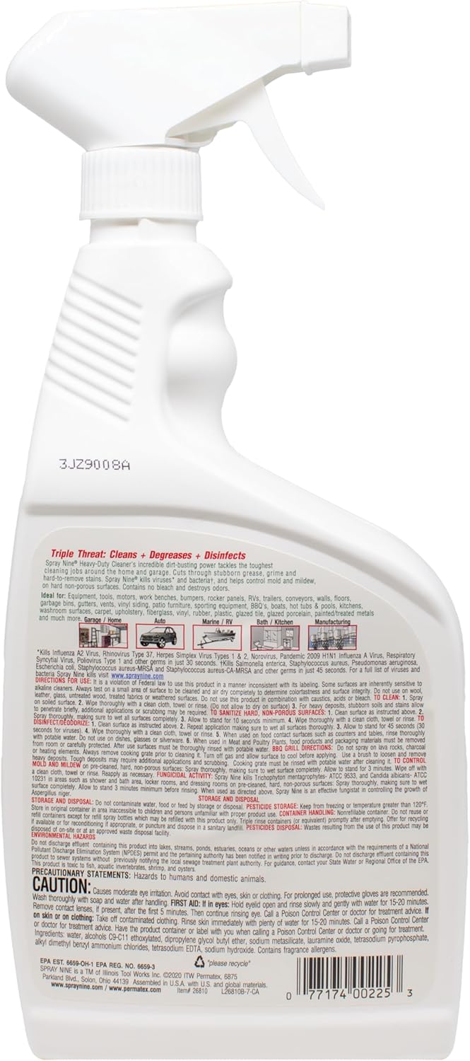 Spray Nine 26832 Heavy Duty Cleaner, Degreaser & Disinfectant for Kitchens, Bathrooms, Yard Equipment, Automotive & Industrial 32 Fl Oz. (Pack of 1)