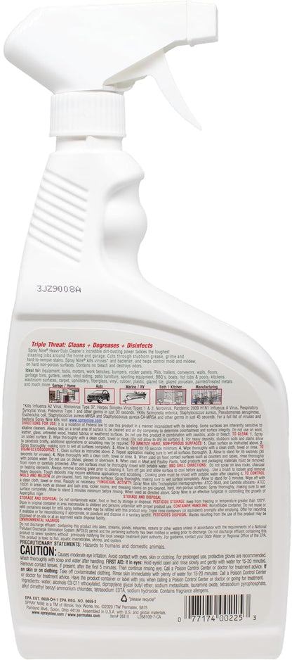 Spray Nine 26832 Heavy Duty Cleaner, Degreaser & Disinfectant for Kitchens, Bathrooms, Yard Equipment, Automotive & Industrial 32 Fl Oz. (Pack of 1)