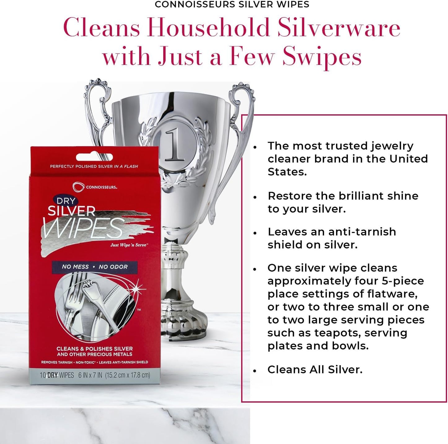 Connoisseurs Silver Cleaner Wipes for Sterling Silver Jewelry and Tableware - 10 Pack - Dry and Disposable - Remove and Prevent Tarnish