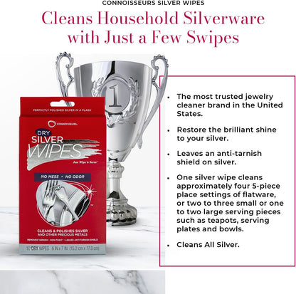 Connoisseurs Silver Cleaner Wipes for Sterling Silver Jewelry and Tableware - 10 Pack - Dry and Disposable - Remove and Prevent Tarnish