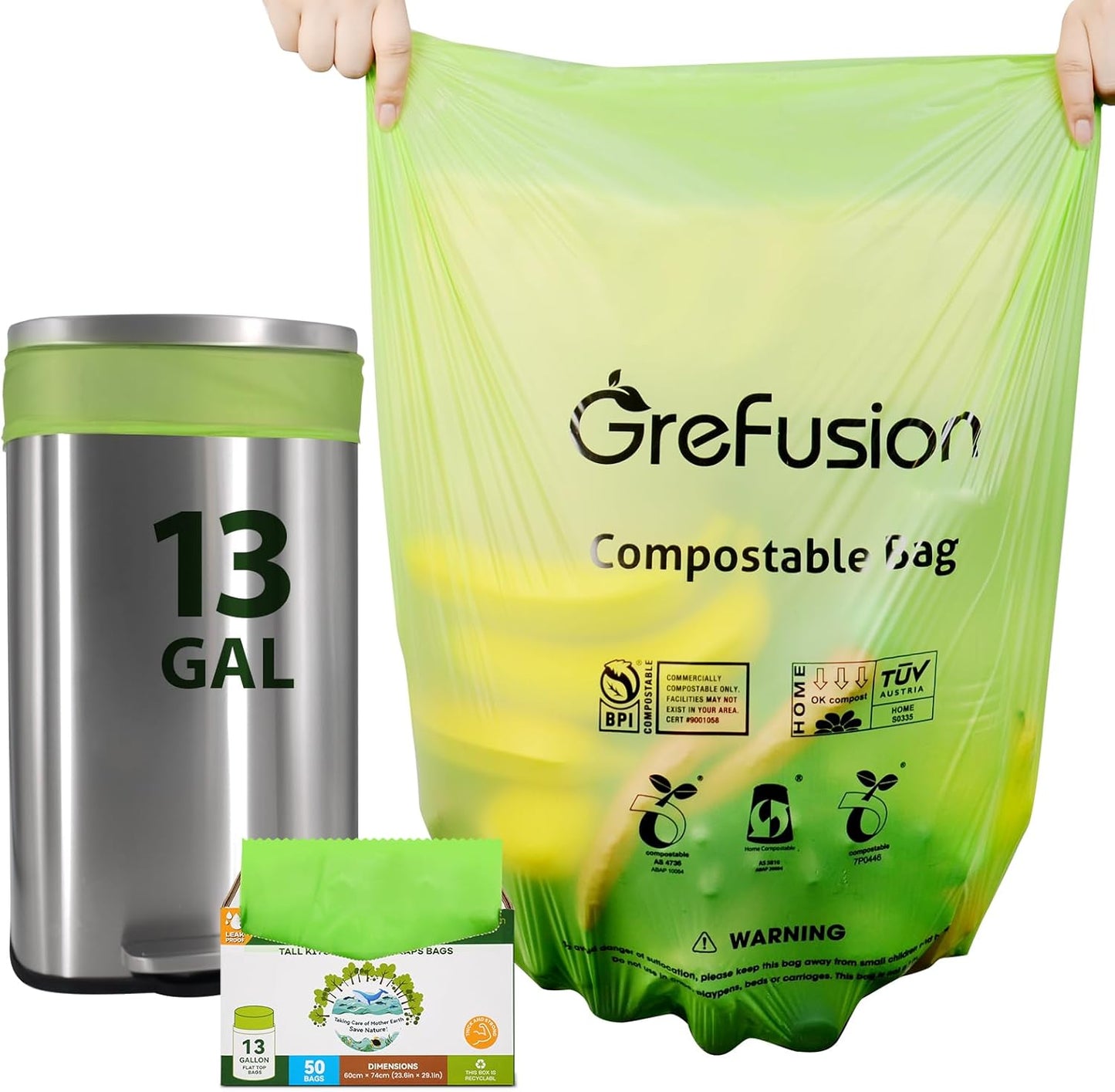 GreFusion Compostable Bags 1.2 Gallon,125 Count, Fits 0.75,1,1.2,1.3,1.6,1.8 Gallon Countertop Bin, Small compost bags, Certified by BPI, ASTM D6400 and OK Compost