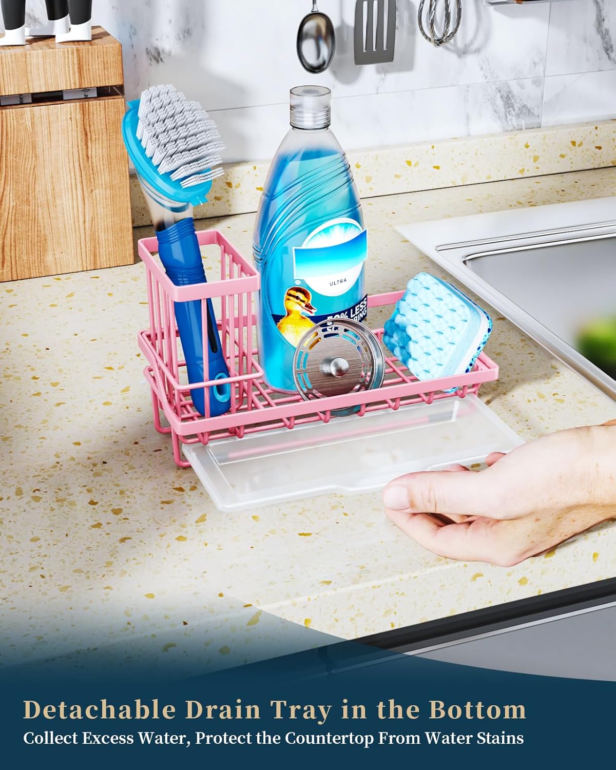 Consumest Sink Caddy, Kitchen Sponge Holder with Dish Brush Holder, Kitchen Organizer with Drip Tray for Countertop, Stainless Steel Rustproof - Silver