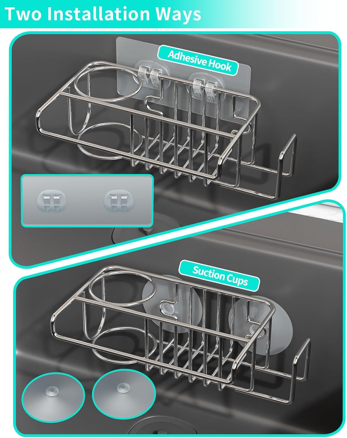HapiRm 4 in 1 Kitchen Organizers and Storage, SUS304 Stainless Steel Brush Holder + Dish Cloth Hanger + Soap Rack + Sink Stopper Rack, No Drill Kitchen Essentials - Black