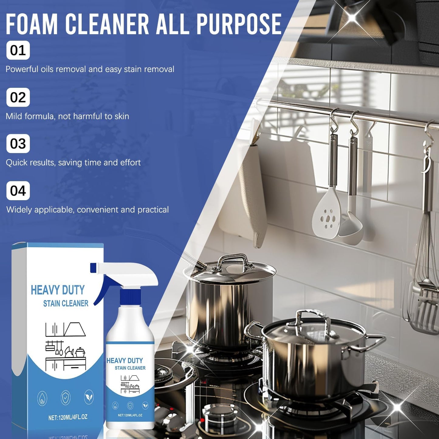 2Pcs New All Purpose Foam Cleaner, Kitchen Cleaning Spray, Kitchen Grease Cleaner for Pots, Countertops, Ovens