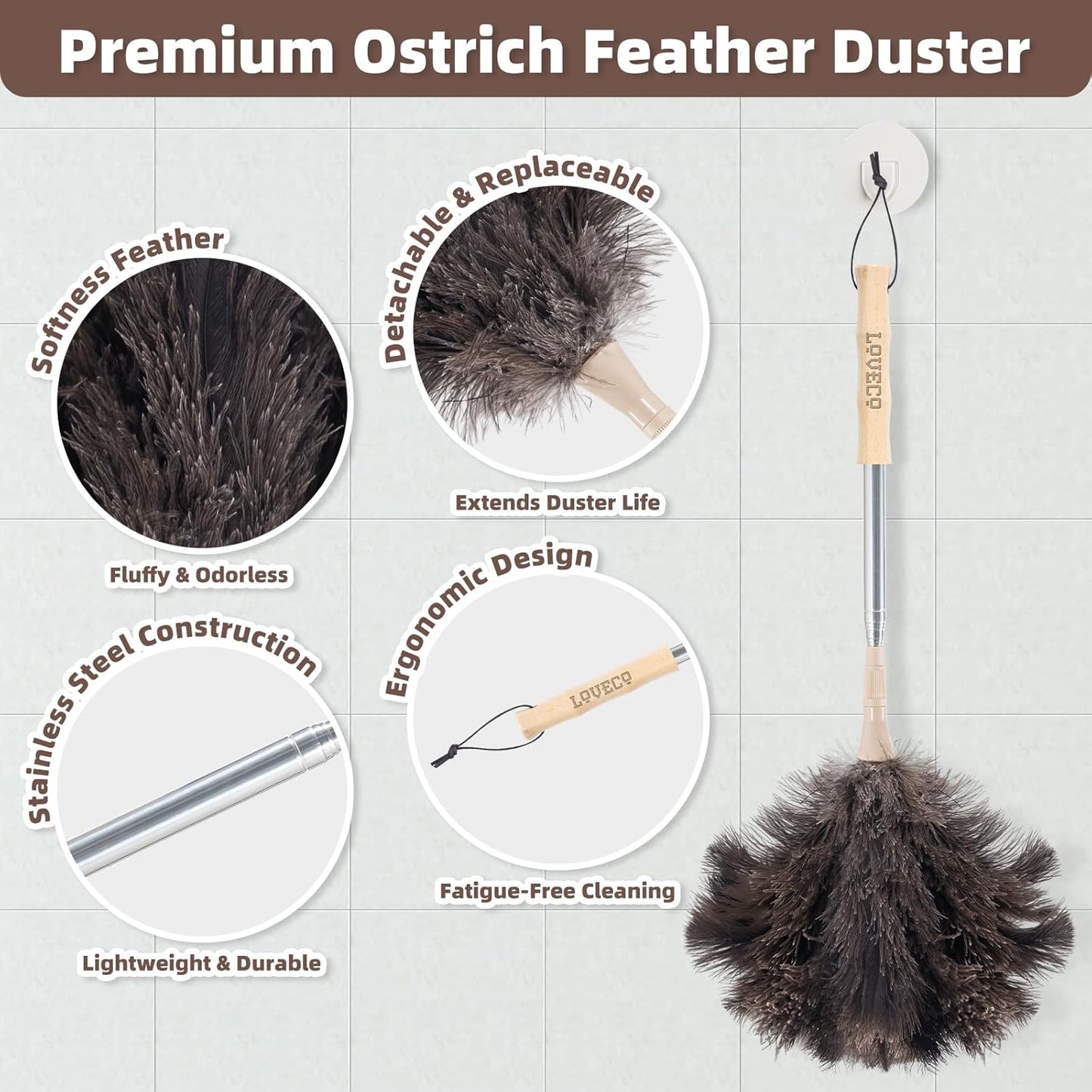 Ostrich Feather Dusters for Cleaning Kit - Reusable Soft Feather Duster Extendable to 49 inches for Cleaning Ceiling Fan, High Ceiling, Blinds & Retractable Small Duster for Keyboard, Car