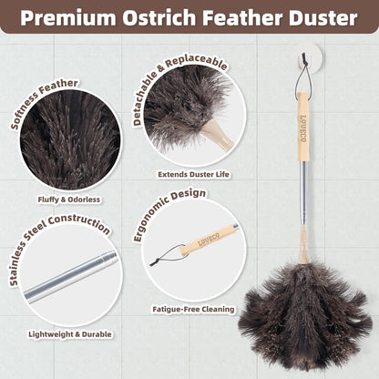 Ostrich Feather Dusters for Cleaning Kit - Reusable Soft Feather Duster Extendable to 49 inches for Cleaning Ceiling Fan, High Ceiling, Blinds & Retractable Small Duster for Keyboard, Car