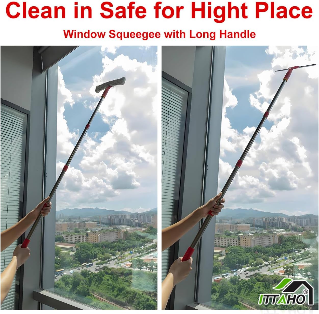 Window Washing Kit with Extension Pole, 10" Squeegee & 11" Microfiber Scrubber Combi with Stainless Steel Pole, Window Cleaner for Car, Sliding Door,Shower Glass Door-Swivel Style-2 Pads
