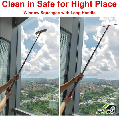Window Washing Kit with Extension Pole, 10" Squeegee & 11" Microfiber Scrubber Combi with Stainless Steel Pole, Window Cleaner for Car, Sliding Door,Shower Glass Door-Swivel Style-2 Pads