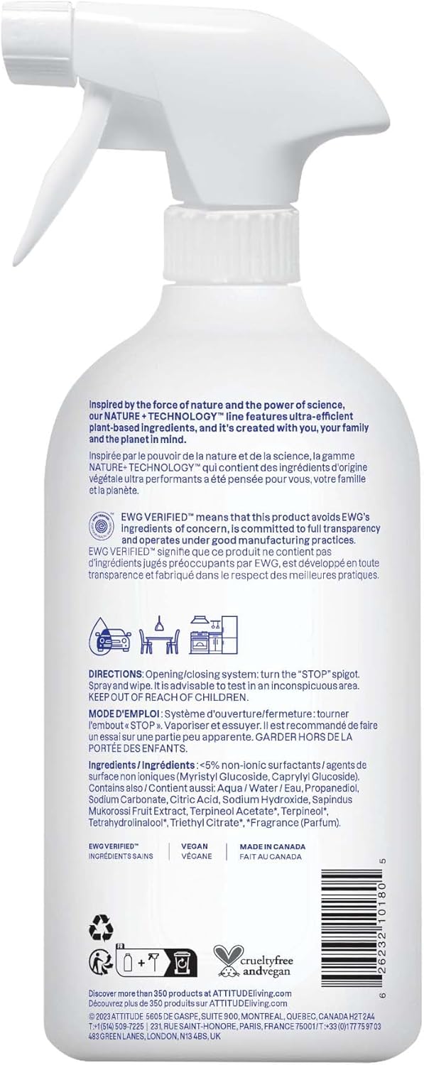 ATTITUDE All Purpose Cleaner Spray, EWG Verified, Vegan, Made with 94% Plant-Based Ingredients, Streak-Free for Kitchen, Bathroom, Glass & More, Pink Grapefruit Scent, 27.1 Fl Oz
