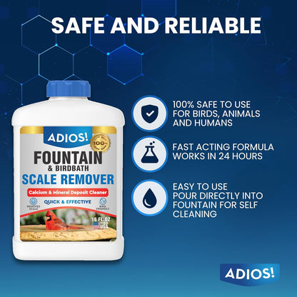 Adios! Fountain Scale Remover for Calcium, Lime and Hard Water Deposits on Bird Fountains, Baths and Water Features (8 oz)