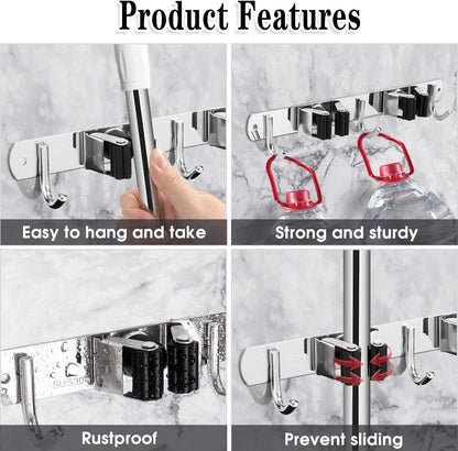 AceMining 5 Racks and 4 Hooks Mop and Broom Holder Wall Mount, Broom Organizer Storage Tool Racks Stainless Steel Heavy Duty Hooks Self Adhesive Solid Non-slip for Home Kitchen Garden Laundry Garage