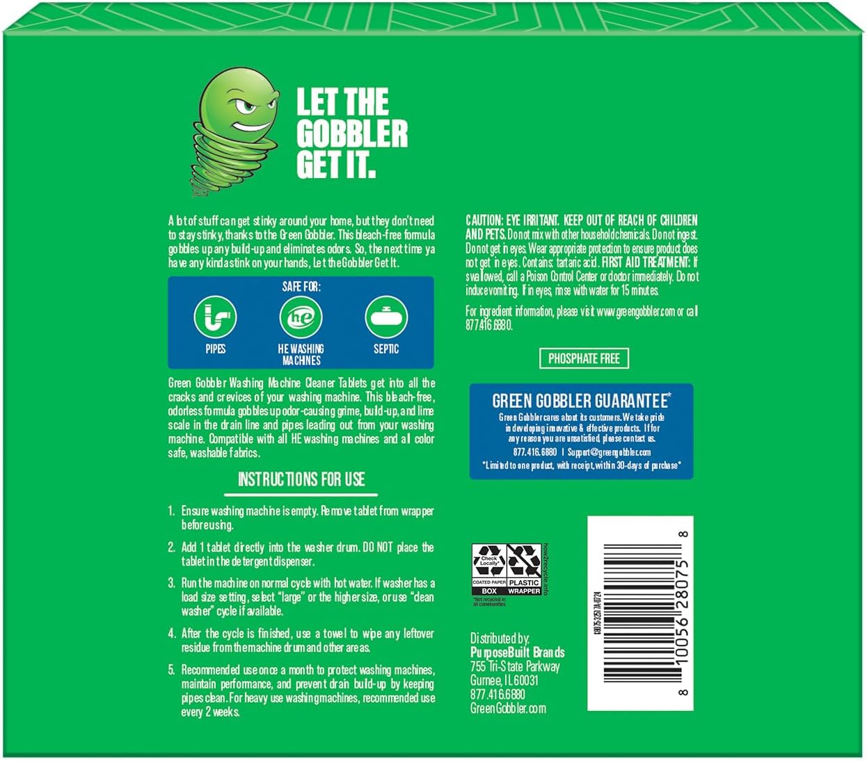 Green Gobbler Premium Washing Machine Cleaner & Deodorizer Tablets with Pipe, Drain & Hose Clean Technology | Front & Top Load Washers | 28 Count