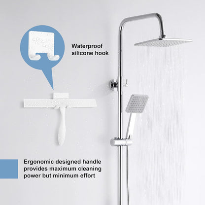 Shower Squeegee for Glass Doors, 11-Inch Silicone Squeegee with Non-Slip Handle and Adhesive Hook for Bathroom, Mirror, Tile, Car Window (White)