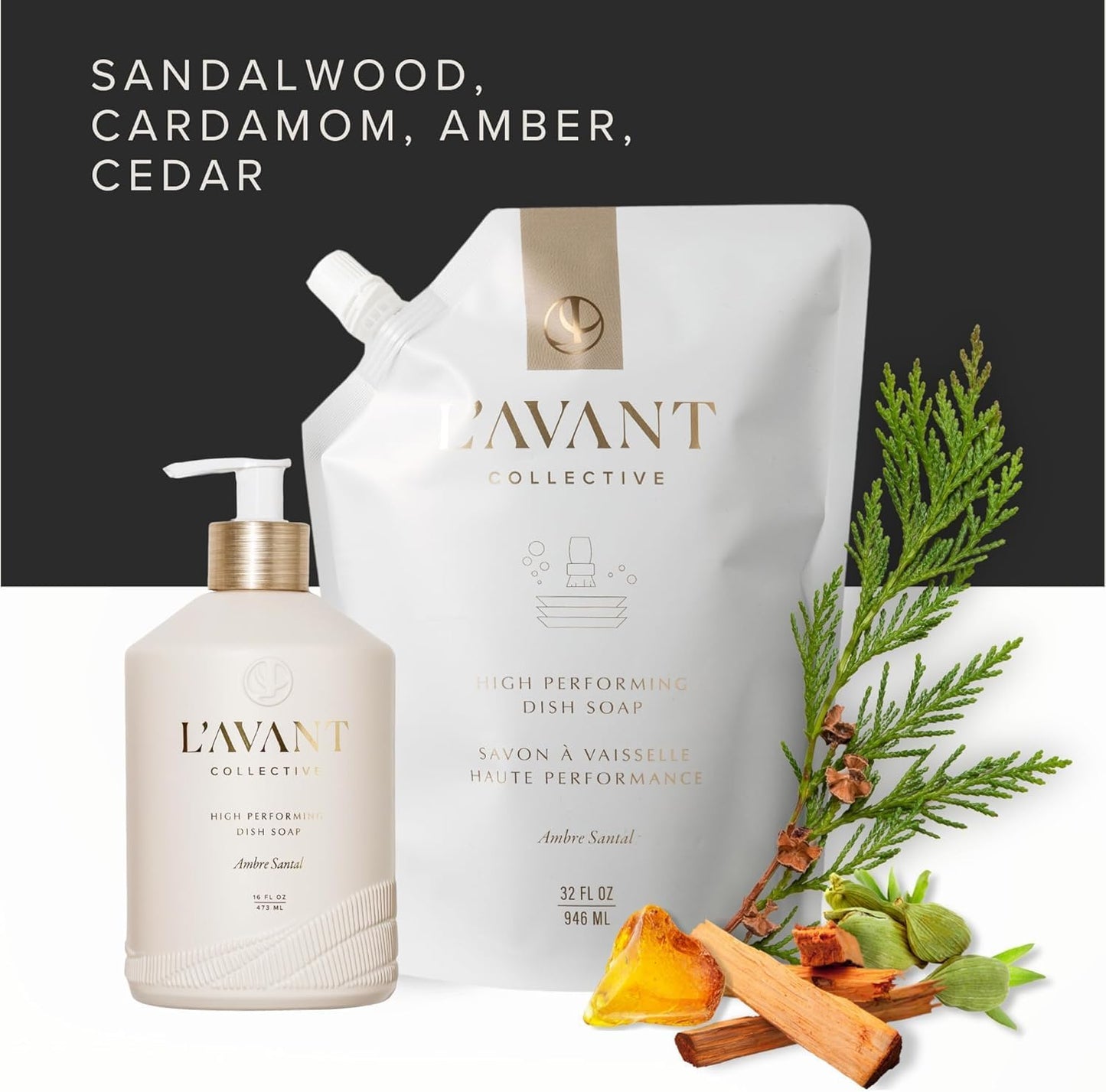 L'AVANT Collective High Performing Dish Soap Refill | Plant-Based Ingredients & High Performing Formula | Notes of Bergamot, Orange Blossom, Amber, Cedar | Blushed Bergamot Scent 32oz