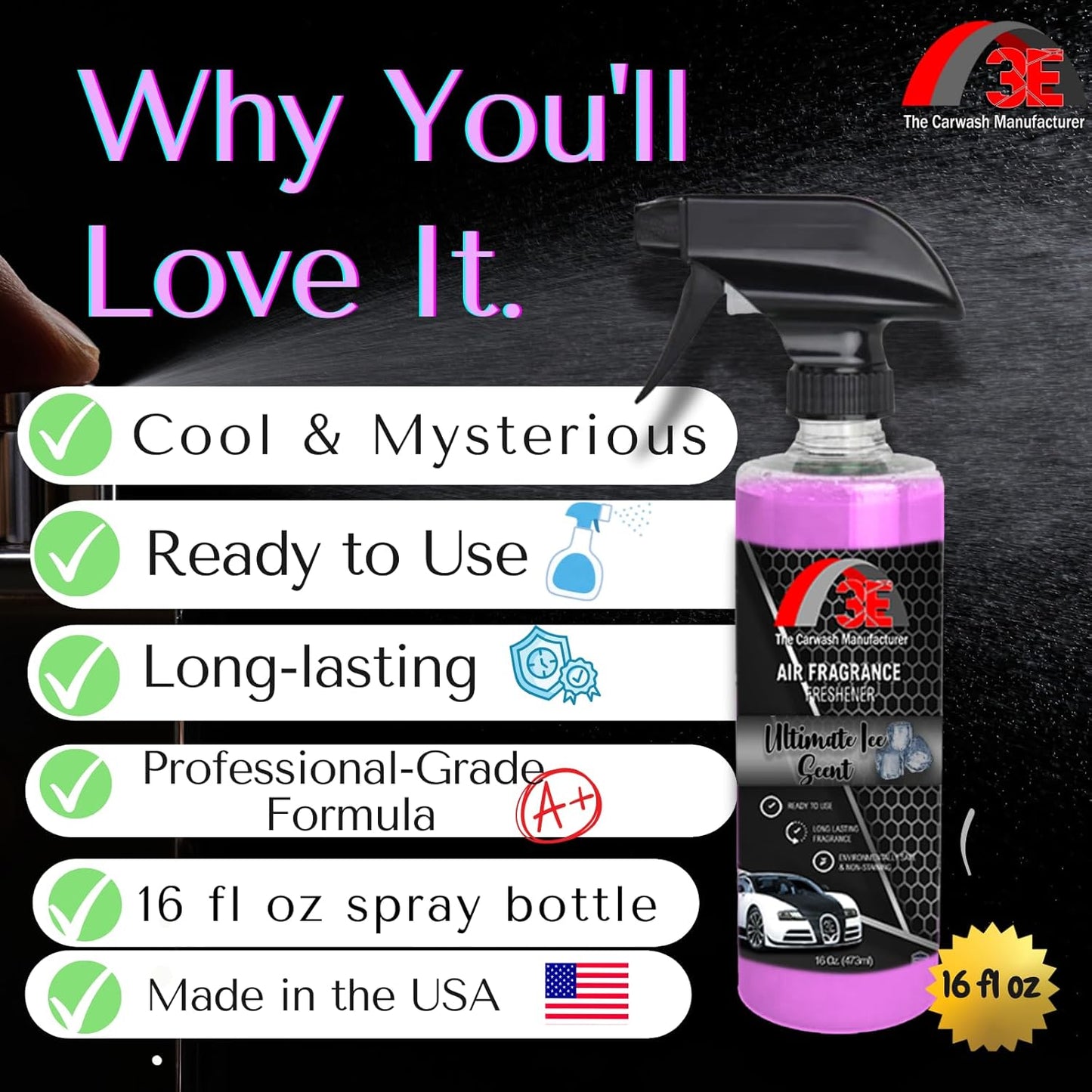 3E Car Air Freshener Premium Baby Powder Scent 16 fl oz – Professional Automotive Air Freshener & Odor Eliminator, Long-Lasting Interior Fragrance for Cars, Trucks, SUVs, RV, Home & Office