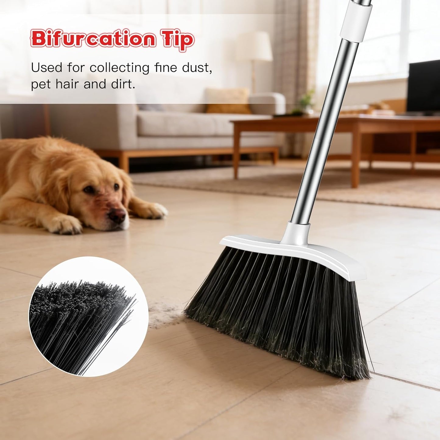 Broom and Step-on Dustpan Set, 59-in Adjustable Long Handle Broom with Dustpan Combo Set Outdoor Angle Broom for Sweeping Indoor Dust Pet Hair for Cleaning Kitchen Garage Deck Patio, Black&Red