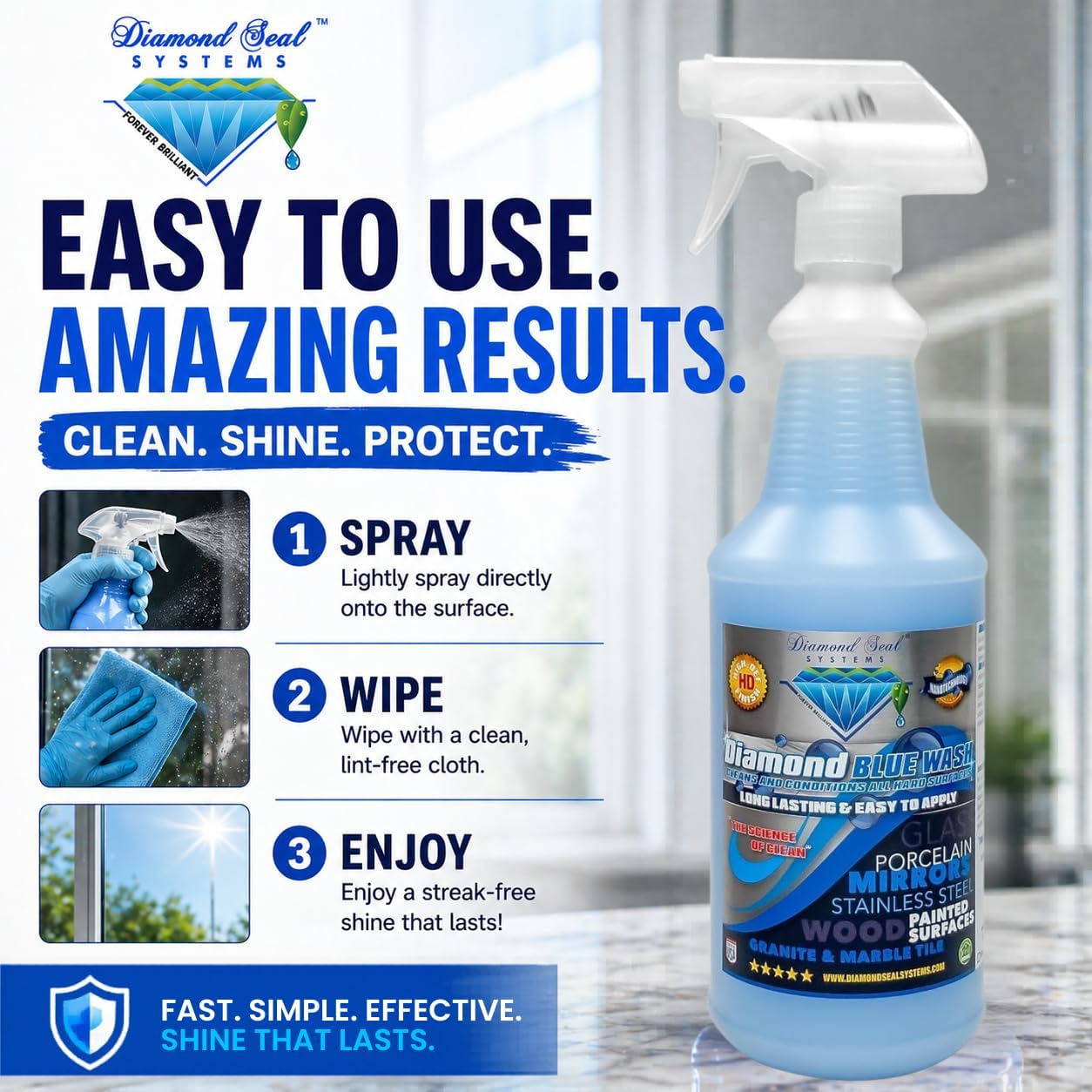 Made in the USA. Diamond Blue Repellent Wash Multi Surface. Cleans,Shine Best Cleaner for Glass, Granite, Countertops Wood & Stainless Steel. Direct from the Manufacturer 32oz Easy to use spray bottle