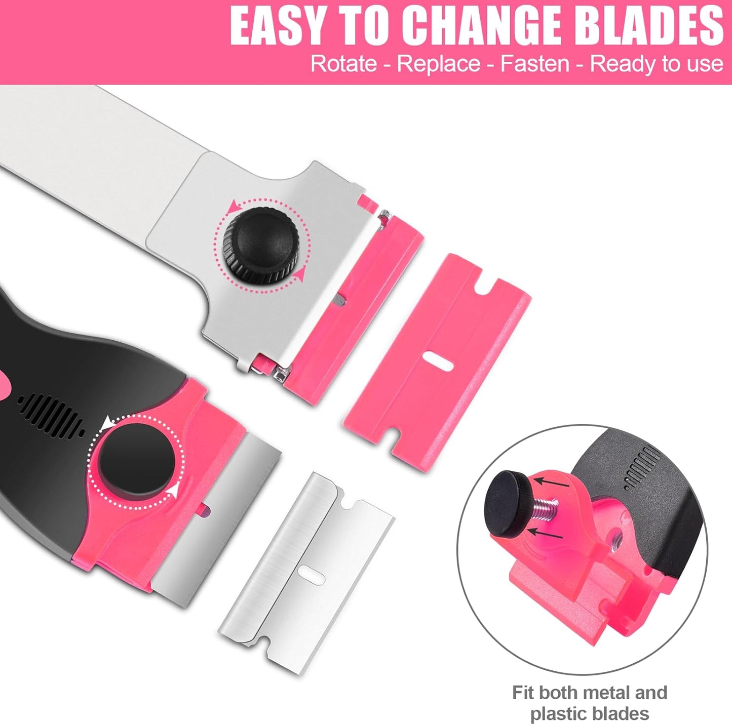 NECAMOCU 4 Pack Razor Blade Scraper, Premium Cleaning Scraper Tool with 50 PCS Metal & Plastic Razor Blades, Multi-Purpose Glass Scraper for Windows, Sticker, Decals, Cooktop, Paint Removal (Pink)
